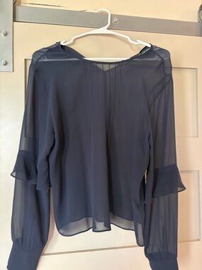 Club Monaco Navy Ruffle-Sleeve Silk Blouse